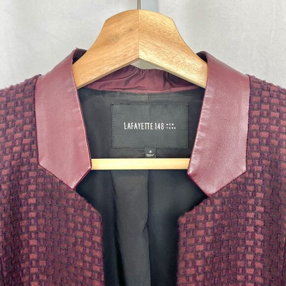 LAFAYETTE 148 Tweed Jacket Blazer Jacket Wool blend Leather Trim Wine Red Size 4 - Picture 4 of 11